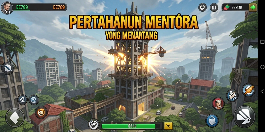 Tampilan gameplay utama EE789 menampilkan menara bertahan dari serangan musuh.