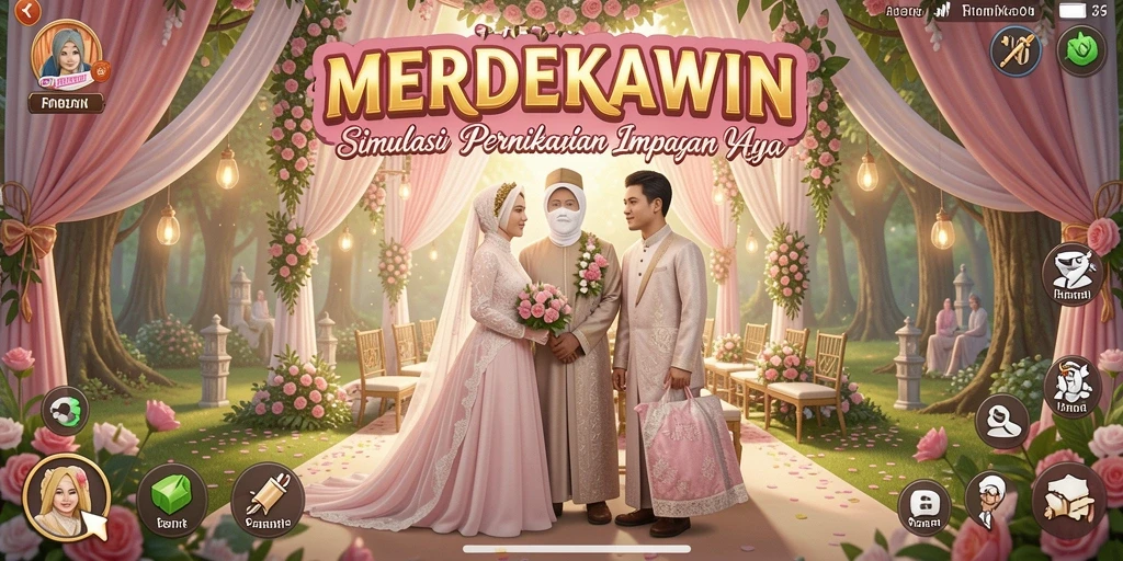 Tampilan menarik dari gameplay MERDEKAWIN dengan elemen kustomisasi pernikahan.